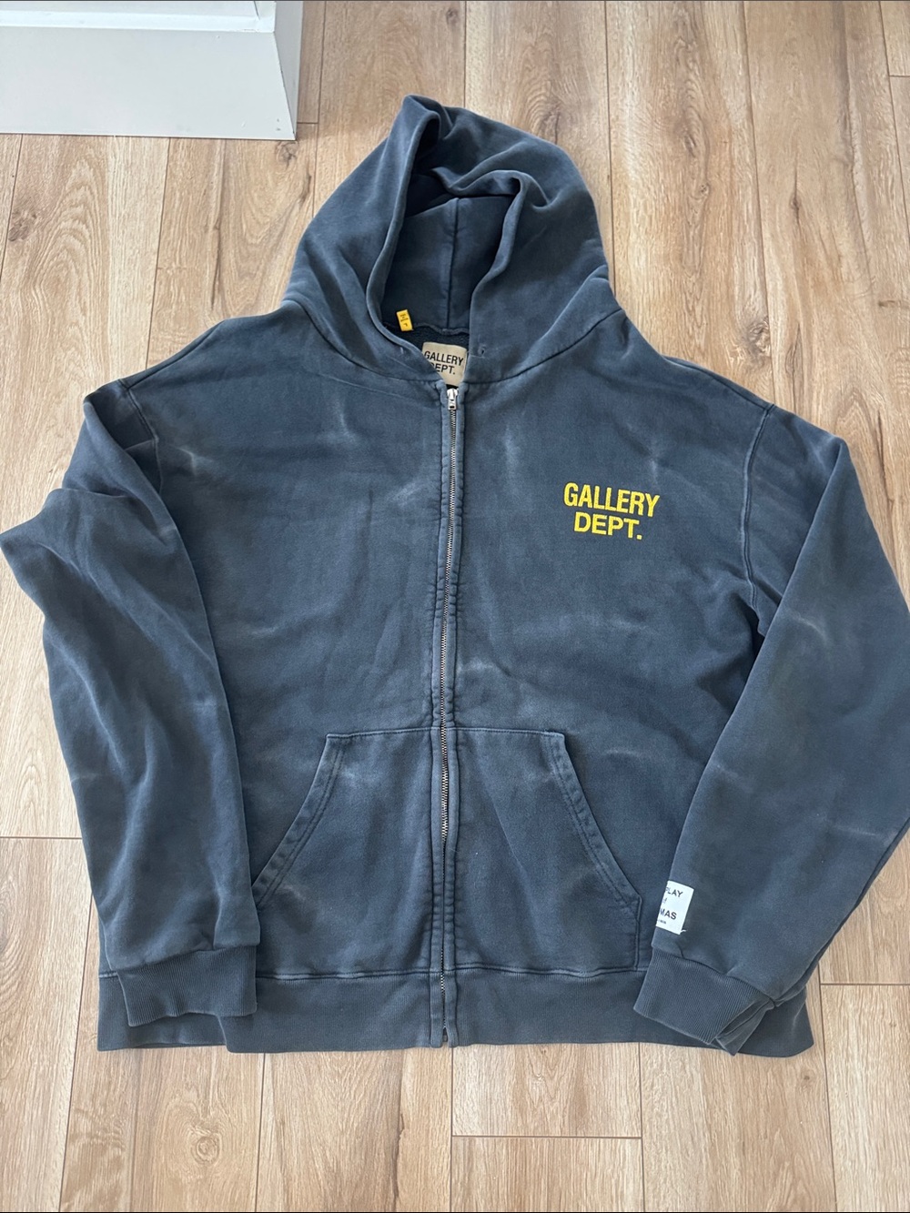 Gallery Dept Faded Charcoal Zip Hoodie with Yellow Chest Logo